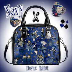 ABOUT THE DESIGN: Navy Blue Alice Alice in Wonderland Shoulder Handbag Main Background colour is Navy Blue with Gold. Alice in Wonderland characters. PU Leather and metal material for shoulder bag. Zip closure with large interior compartment and 3 interior pockets. Adjustable handles and shoulder strap can be carried in multiple ways. Stylish and convenient for any occasion. INSTRUCTIONS FOR CHECKOUT: Provide phone number- International buyers please provide phone numbers upon checkout for the c Blue Shoulder Bag With Zipper Closure As Gift, Blue Shoulder Bag With Zipper Closure, Ideal As Gift, Alice Alice In Wonderland, Wonderland Characters, Alice In Wonderland Characters, Royal Christmas, Small Leather Bag, Shoulder Handbag, Leather Zipper