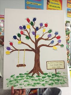 a child's drawing of a tree with balloons on it