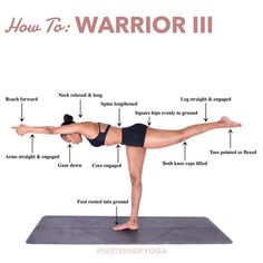 a woman doing yoga poses with the words how to warrior ii