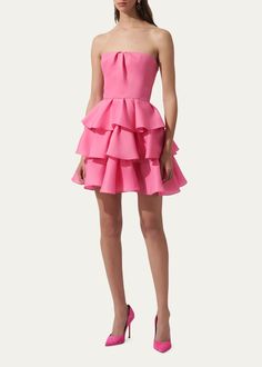 Carolina Herrera Tiered Ruffle Strapless Mini Dress - Bergdorf Goodman Strapless Ruffled Mini Dress For Gala, Glamorous Strapless Mini Dress With Ruffles, Luxury Strapless Mini Dress With Ruffles, Pink Strapless Ruffled Mini Dress, Luxury Voluminous Mini Dress With Ruffles, Formal Mini Dress, Embellished Mini Dress, Mini Dress Formal, Cocktail Jacket