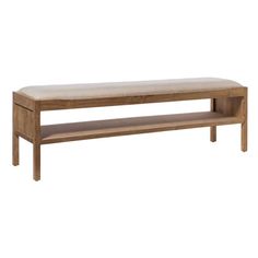 a wooden bench sitting on top of a white floor