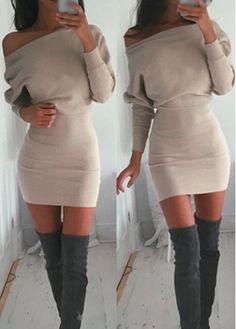 Style :Fashion Pattern Type :Solid Sleeve's Length :Long Sleeve Silhouette :Sheath Material :Cotton Blend Dress Length :Mini Size: XL Date Night Outfits, Bodycon Casual, Nude Dress, Dresses Outfits, Khaki Dress, Looks Style, Thigh High Boots, Long Sleeve Mini Dress, Thigh High