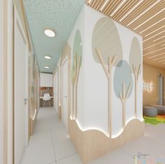 this is an image of a hallway with trees painted on the wall and lights hanging from the ceiling