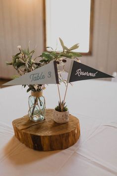 there is a vase with plants in it on top of a wooden stand that says table 3