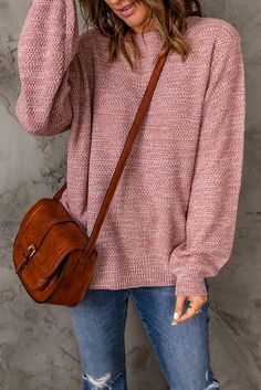 Pink Subtle Heather Knit Bishop Sleeve Sweater Casual V-neck Sweater With Chunky Knit, Casual Brown Knit V-neck Sweater, Casual Long Sleeve Knitted V-neck Sweater, Casual Knitted Long Sleeve V-neck Sweater, Casual Knit V-neck Sweater For Winter, Casual Winter Knit V-neck Sweater, Casual Textured Knit V-neck Sweater For Winter, Casual Pink Knit V-neck Sweater, Casual Soft Knit V-neck Sweater