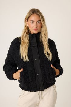 Women's black jacket in bonded fleece with snap front & lower hand pockets. High collar. Black Sherpa Fleece Jacket For Winter, Black Sherpa Casual Outerwear, Cozy Fit Sherpa Outerwear, Cozy Black Sherpa Outerwear, Black Denim Sherpa Jacket, Sherpa Sweater, Chic Jacket, Teddy Bear Coat, Bear Coat