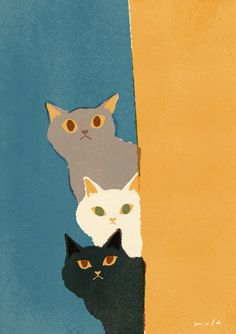 three cats are peeking out from behind a wall