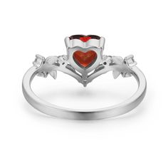 Cue the romance with our stunning Heart’s Desire Red Garnet Ring. This perfect expression of true love features a heart-shaped red garnet center stone along with a curved leafy band that adds a natural charm. A cherished keepsake that radiates love from every angle. ✦ Available in both 14K white gold vermeil (14K white gold plated over a sterling silver base) and 10K solid white gold. Red Heart-shaped Promise Jewelry, Red Heart Ring With Center Stone, Red Heart Ring With Center Stone For Wedding, Red Heart-shaped Rings With Center Stone, Red Heart Ring With Accent Stones For Valentine's Day, Red Heart Ring For Valentine's Day Promise, Red Garnet Rings For Valentine's Day, Red Heart Shaped Rings With Accent Stones, Red Heart-shaped Rings With Accent Stones