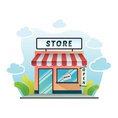 an illustration of a store front with a sign above it that says, store open