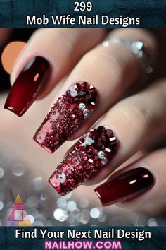 Wife Nails, Deep Red Nails, Glitter Gradient, Artsy Design, Nail Pictures, Mob Wives, Mob Wife