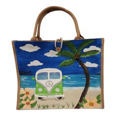 Hand painted burlap jute and canvas bag.  Whimsical Vintage Van on Beach with Palm Tree accent with beads. ♡ DETAILS: - Hand painted original design - Painted with acrylic paint and accented with beads adhered with resin for durability and lasting beauty. - 14.6" x 10.2" x 6.7" - Button closure - Quality materials:  the bag is mainly made from natural burlap fabric and canvas, not easy to break or fade, durable and can stand on its own.  It is reusable, with PE film lining, will be waterproof an Bohemian Beach Bag Made Of Canvas, Bohemian Canvas Shoulder Bag For Beach, Bohemian Canvas Travel Bag, Green Canvas Beach Bag For Travel, Burlap Straw Bag For Beach In Summer, Summer Beach Burlap Straw Bag, Bohemian Natural Canvas Beach Bag, Beach Canvas Straw Tote Bag, Beach Tote Straw Bag Made Of Canvas