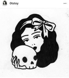 a black and white drawing of a woman holding a skull with a bow on her head