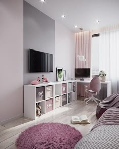 a bedroom with pink carpet and white furniture