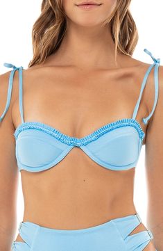 An underwire lends support to this dainty, ruffle-trimmed bikini top with slender tie straps. Adjustable tie straps Lined 85% polyamide, 15% elastane Hand wash, dry flat Imported Blue Underwire Swimwear With Straps, Compressive Underwire Swimwear With Smoothing Detail, Underwire Bra-friendly Swimwear For The Beach, Underwire Bra-friendly Solid Swimwear, Pretty Swimsuits, Micro-elastic Underwire Swimwear For The Beach, Chic Swimsuit, Cute Bathing Suits, Confident Woman