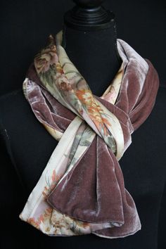 "Luxurious and soft, double sided scarf, made of silk velvet (30% velvet, 70% viscose) in plain soft pinky beige on one side, and high quality 100% pure silk satin in matching colours, with classic floral pattern on the other side. The scarf has got a generous size and can be worn in many different ways, it drapes beautifully and reflects light on both sides. It is very delicate in touch and will never irritate the skin of your neck. Very chic, will make  a fantastic addition to ladies' wardrobe Silk Beige Scarf As Gift, Beige Silk Scarves For Gifts, Vintage Cream Silk Scarf, Beige Silk Scarves As Gift, Beige Silk Scarf For Gift, Formal Beige Silk Scarf, Pink Silk Vintage Scarves, Pink Vintage Silk Scarves, Vintage Pink Silk Scarves