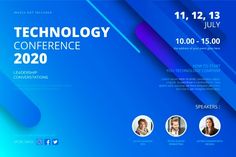 the technology conference poster is shown with three people in blue and purple colors, including one man