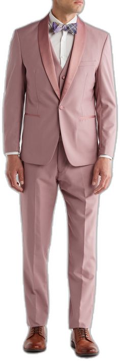 Elegant Fitted Sets, Elegant Fitted Solid Color Sets, Formal Fitted Pink Sets, Pink Fitted Sets For Formal Occasions, Formal Fitted Sets With Pressed Crease, Pink Notch Lapel Fitted Tuxedo, Classic Three-piece Suit For Party, Elegant Fitted Solid Color Suits, Classic Fitted Three-piece Suit For Party