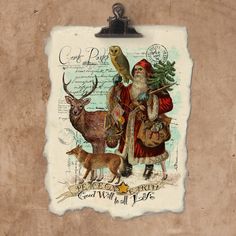 an old fashioned christmas card with santa and deer