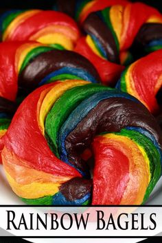 A platter of brightly coloured homemade rainbow bagels. Rainbow Bagel Recipe, Pride Brunch, Ukrainian Easter Bread, Rainbow Bagels, Rainbow Baking, Minnesota Food, Bagels Recipe, Ukrainian Easter