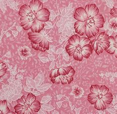 a pink flowered background with white and red flowers