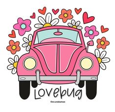 a pink car with flowers and hearts on the hood is parked in front of an inscription love bug