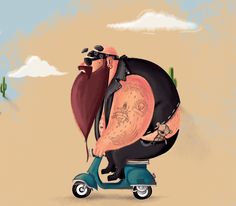 a man riding on the back of a scooter with a giant head and beard