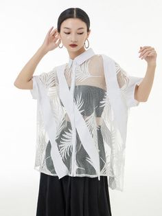 Hayato Sheer Leaf Blouse - White – Marigold Shadows Half Shirts, Half Sleeve Shirts, Loose Fit Shirts, Mid Length Sleeves, Lapel Collar, Types Of Shirts, Half Sleeves, Shirt Sleeves, Black Lace