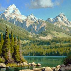 a painting of mountains and trees in the foreground, with water below them on a sunny day