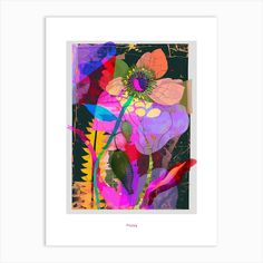 an abstract painting with flowers and leaves