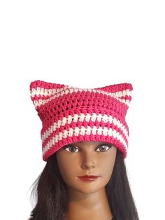 Pink & White Sparkle Crochet Cat Ear Beanie Hat Cute Handmade Trendy Fashion Accessory This handmade beanie features adorable cat ears that are sure to turn heads and add a touch of glamour to any wardrobe.   Brand New Handmade in the USA w/Fast Free Shipping "Support Small Business" Pink And White Cat Beanie, Sparkle Crochet, Crochet Cat Ear Beanie, Pink Winter Hat With Cat Ears, Cat Ear Beanie, Ear Beanie, Cat Eared Beanie, Trendy Fashion Accessories, Handmade Beanies