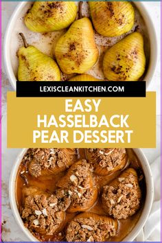 the recipe for easy hasselback pear dessert in a white bowl with apples and cinnamon on