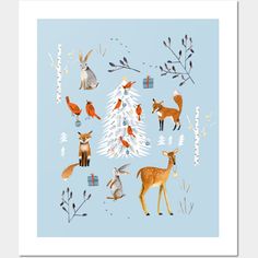 a christmas card with an illustration of foxes and deers in the snow, surrounded by trees