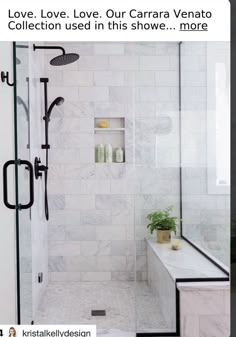 a black and white photo of a bathroom with marble tiles on the walls, shower head, and bathtub