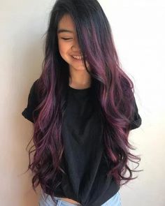 Hair Color Ideas For Long Hair, Purple Highlights On Black Hair, Dark Purple Highlights, Dark Purple Hair Color, Highlights On Black Hair, Dark Ombre Hair, Trendy We Fryzurach, Color For Black Hair, Purple Ombre Hair