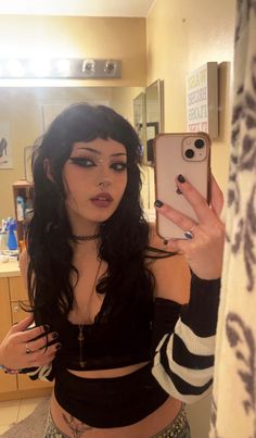 Long Hair With Bangs Long Face, Eyeliner All Around Eye, Tattooed Mom Aesthetic, Gothic Curly Hair, Hair Styles Goth, Curly Hair Micro Bangs, Hot Girlfriend Haircut, Alt Hair Bangs, Goth Girl Hair