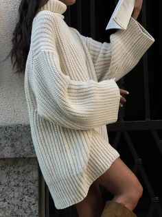 Maceo Knitted Mini Dress Long Sleeve Turtleneck Oversize Loose Fit Daytime Dresses Warm & Cozy LaPose Fall-Winter Collection Available in Beige and Grey Short Sweater Dress, White Oversized Sweater, White Sweater Dress, Short Sweater, Pull Oversize, Warm Dresses, Daytime Dresses, Maxi Robes, Dress Spring