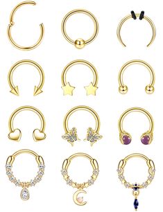 six pairs of gold nose rings with different shapes and sizes, all in different designs