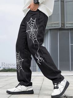 Russoo - Mens Casual Street Style Denim Baggy Pants Featuring Spider & Spider Web Print, Kpop Inspired Straight Leg Jeans Mens Business Casual Jeans, Mens Casual Street Style, Denim Baggy Pants, Business Casual Jeans, Street Style Denim, Stretch Denim Pants, Casual Denim Pants, Baggy Pants, Baggy Pant