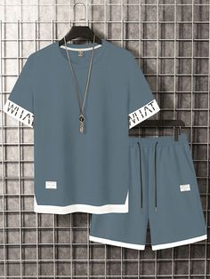 Dusty Blue Casual Collar   Colorblock,Letter,Striped  Embellished Slight Stretch  Men Clothing Blue Casual Activewear With Letter Print, Blue Letter Print Activewear For Summer, Men Clothes, Men Summer, Summer Sports, Block Lettering, Color Shorts, Casual Street Style, T Shirt And Shorts