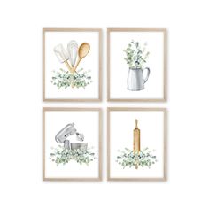 four framed pictures with kitchen items on them