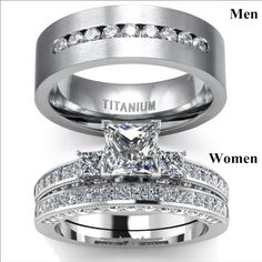 two white gold wedding rings with princess cut diamonds and channel set diamond bands on each band