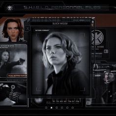 a screen shot of the movie black widow with images of actors and characters on it