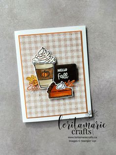 a close up of a card with a cup of coffee and a piece of cake