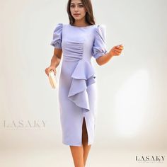 Lasaky - Stylish Backless Party Bodycon Dress with Flared Sleeves and Side Slits Chic Midi-length Bodycon Dress For Banquet, Summer Party Dress With Split Design, Chic Midi Bodycon Dress For Banquet, Chic Sheath Midi Dress For Banquet, Fitted Dresses With Side Slits For Banquet, Fitted Dresses With Side Slits For Banquets, Elegant Dress With Side Slits For Banquet, Midi Length Bodycon Dress For Banquet, Elegant Dress With Side Slits For Banquets