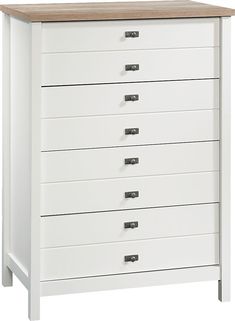 a white chest of drawers with wooden top