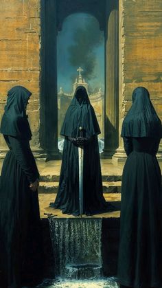 three women in black robes stand near a fountain