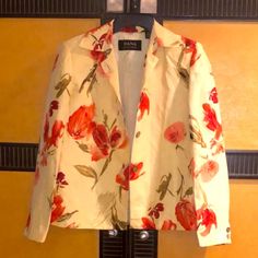 Womens Flowered Blazer Formal Floral Print Outerwear For Spring, Spring Floral Print Outerwear For Work, Casual Floral Print Blazer, Chic Spring Outerwear With Floral Print, Chic Spring Floral Print Outerwear, Chic Floral Print Outerwear For Spring, Fitted Floral Print Spring Outerwear, Fitted Floral Print Outerwear For Spring, Summer Floral Print Red Outerwear