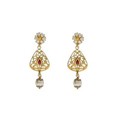 22K Yellow Antique Gold Drop Earrings W/ CZ, Rubies, Pearls & Laser Cut Design - Virani Jewelers 22k Gold Earrings Antique, 22k Gold Jewelry, Laser Cut Design, Antique Gold Jewelry, Gold Bead Necklace, Lasercut Design, Special Jewelry, Classic Jewelry, Gold Drop Earrings