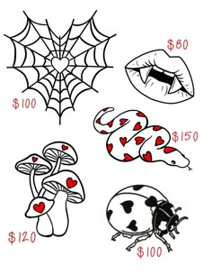 heart python heart spider web heart mushroom’s ladybug vampire teeth tattoo flash Heart Flash Sheet, Easy Tattoo Flash Sheet, Cute Valentines Tattoos, Small Valentine Tattoos, Goth Tattoo Flash Sheet Simple, Valentine’s Day Tattoo Ideas