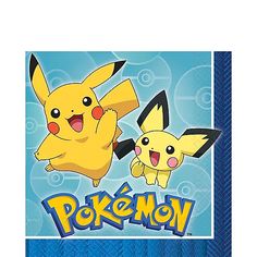 a blue napkin with two pikachu on it and the words,'pokemon '